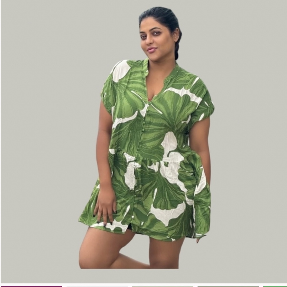 H&M White and Green Tropical Leaf Dress.